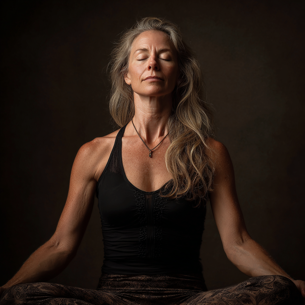 50 years old woman in flowing meditation pose with peaceful expression