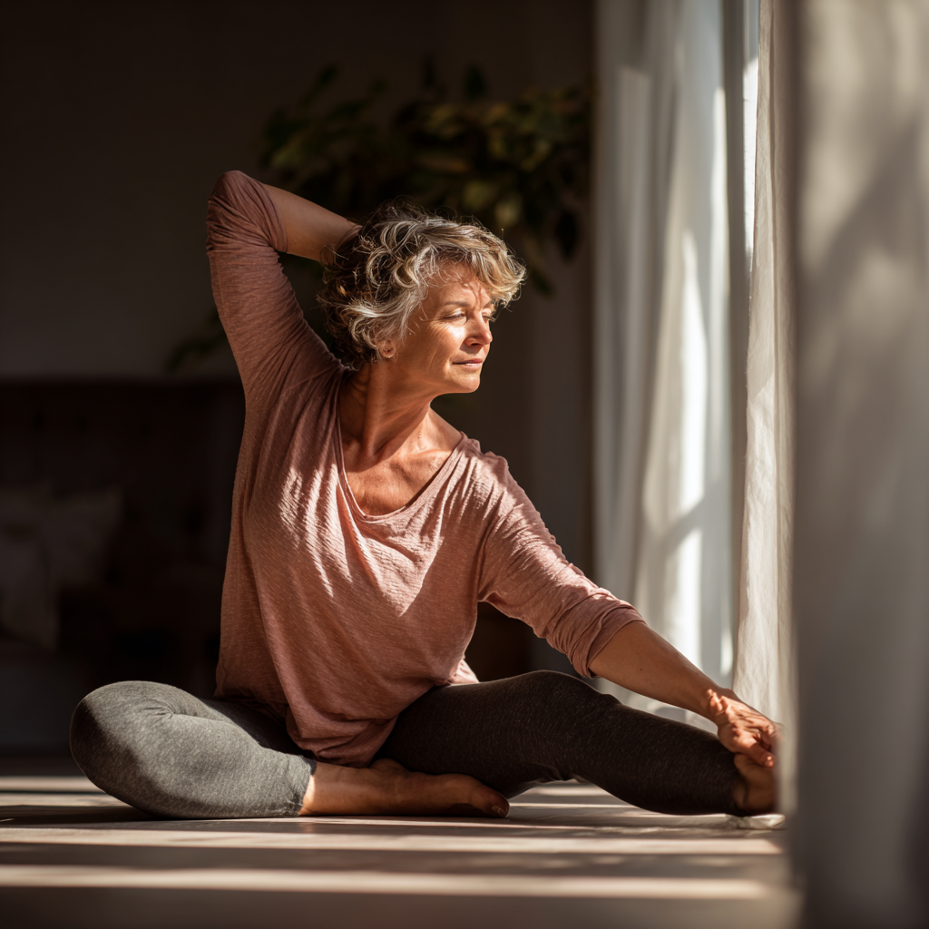 51 years old person practicing gentle stretching in natural light