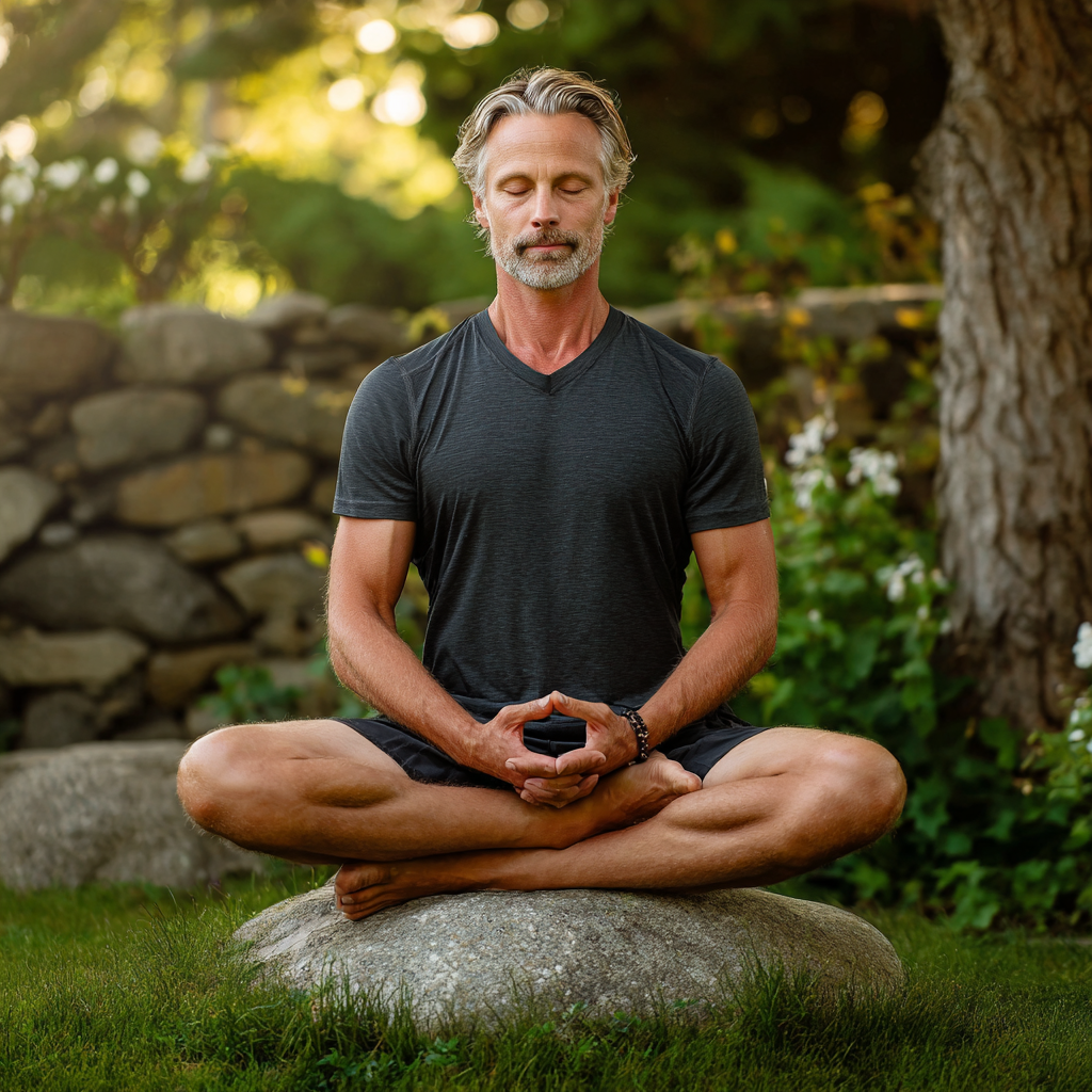 52 years old discovering gentle yoga movements in peaceful setting