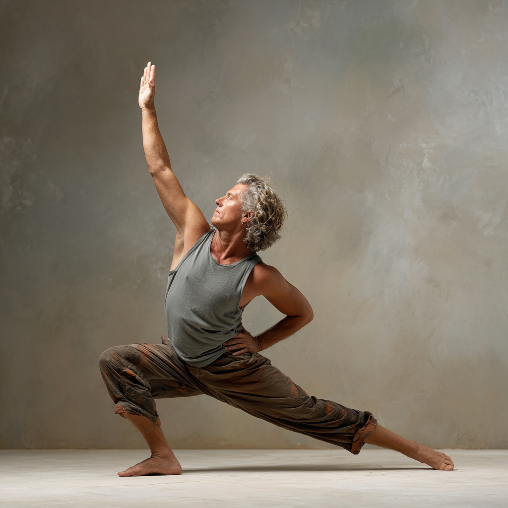 53 years old person flowing through dynamic yoga sequence