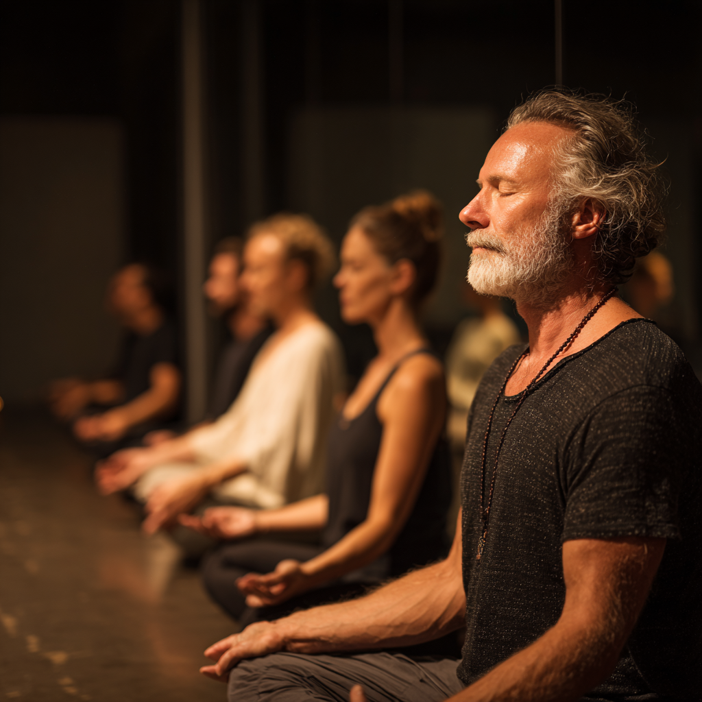 peaceful 54 years old in group meditation at cruvenish studio